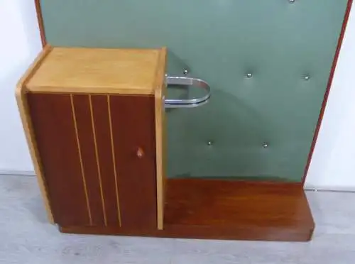 50er 60er Standgarderobe Wand-Garderobe, Vinyl Grün + Teak, Spiegel, Hutablage, Schrank, Mid Century Modern
