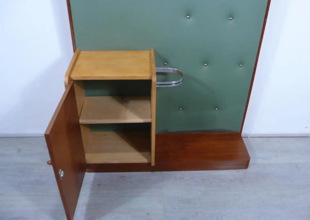 50er 60er Standgarderobe Wand-Garderobe, Vinyl Grün + Teak, Spiegel, Hutablage, Schrank, Mid Century Modern 7
