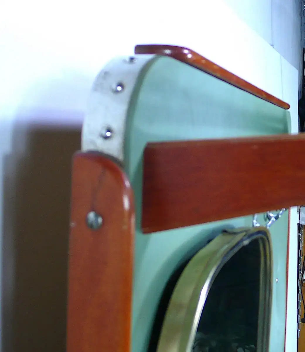 50er 60er Standgarderobe Wand-Garderobe, Vinyl Grün + Teak, Spiegel, Hutablage, Schrank, Mid Century Modern 8