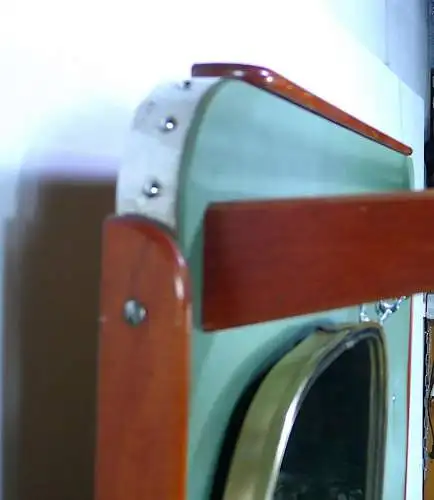 50er 60er Standgarderobe Wand-Garderobe, Vinyl Grün + Teak, Spiegel, Hutablage, Schrank, Mid Century Modern