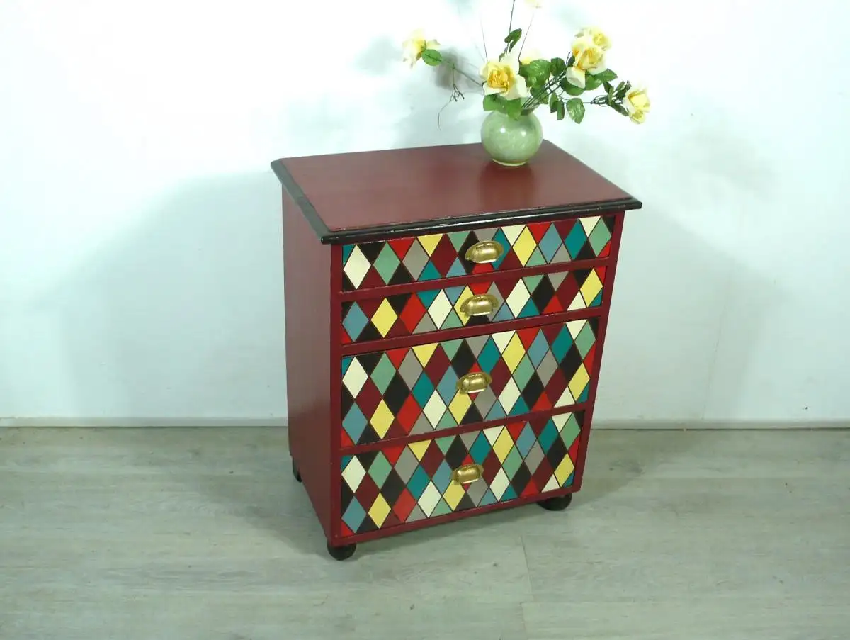 Holz KOMMODE alt klein 4 Schbladen Shabby Brombeer Braun mit bunten Rauten, 20er 30er 0