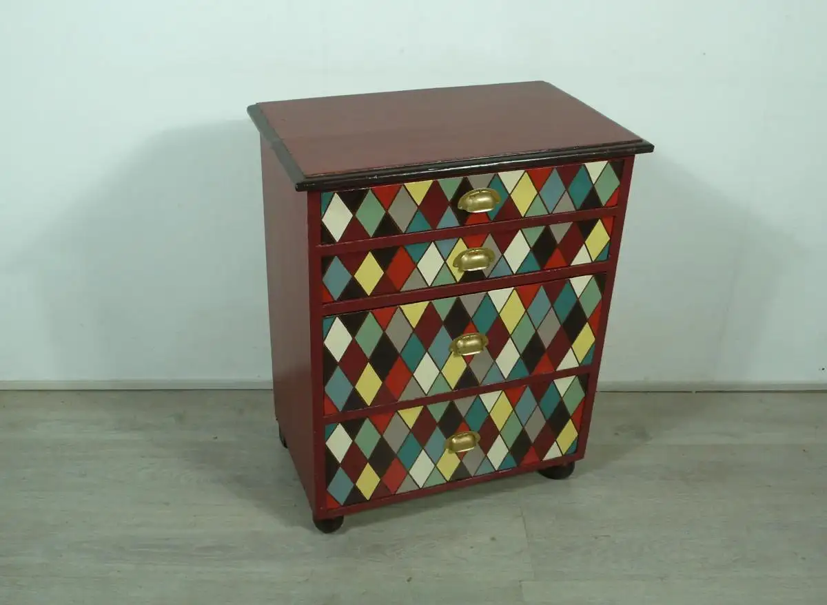 Holz KOMMODE alt klein 4 Schbladen Shabby Brombeer Braun mit bunten Rauten, 20er 30er 1
