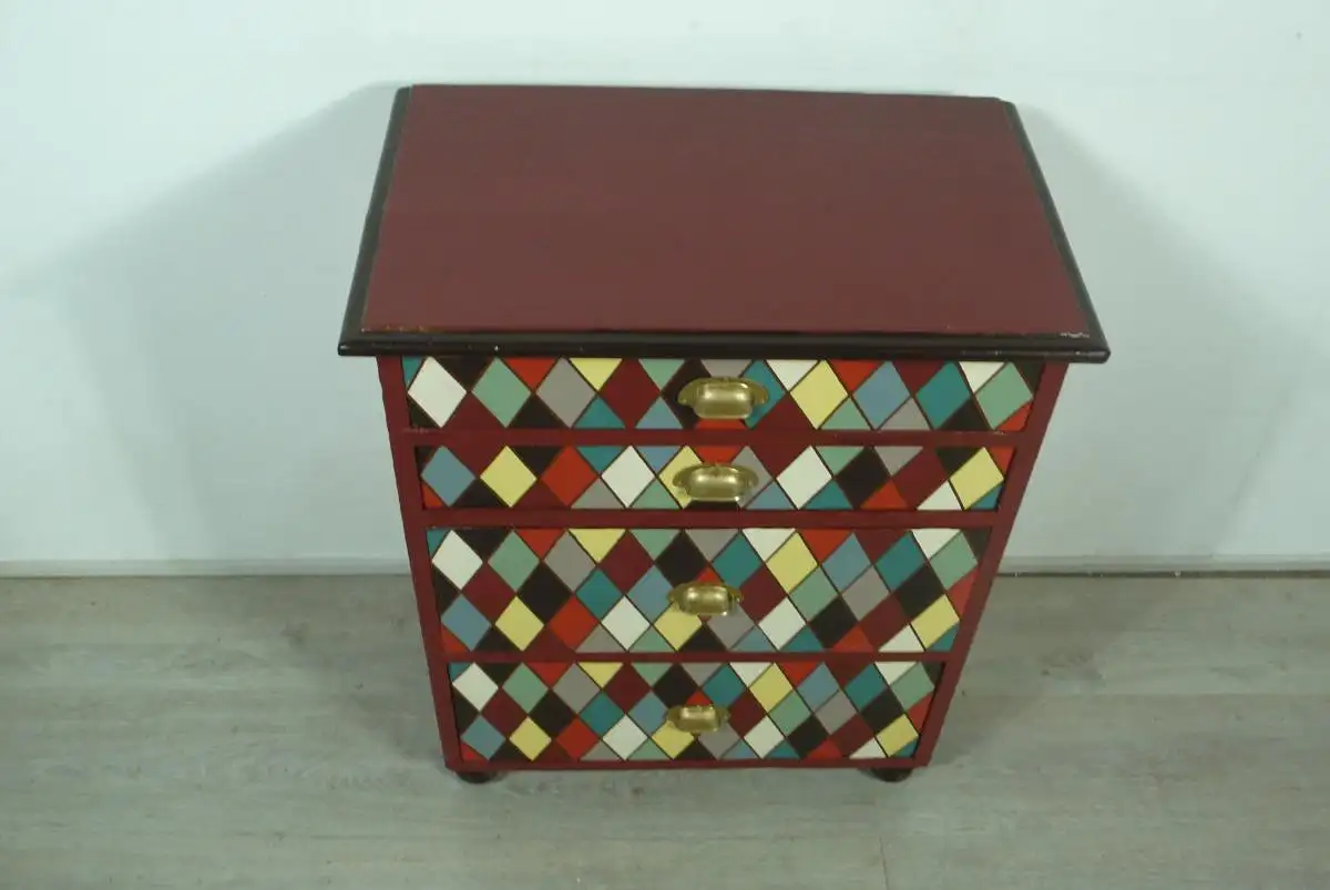 Holz KOMMODE alt klein 4 Schbladen Shabby Brombeer Braun mit bunten Rauten, 20er 30er 3