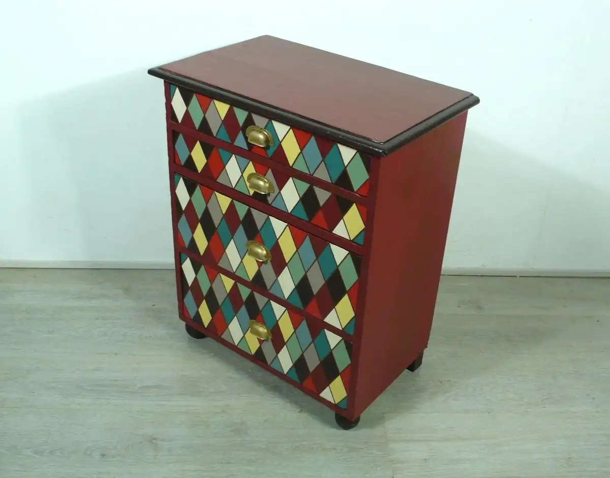 Holz KOMMODE alt klein 4 Schbladen Shabby Brombeer Braun mit bunten Rauten, 20er 30er 4