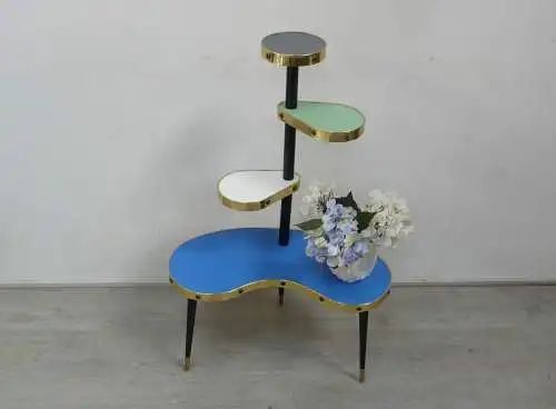 50er 60er Blumenständer Nierenform Etagere 4 Ebenen, Türkis Weiß Grün Grau, Rockabilly Mid Century Modern