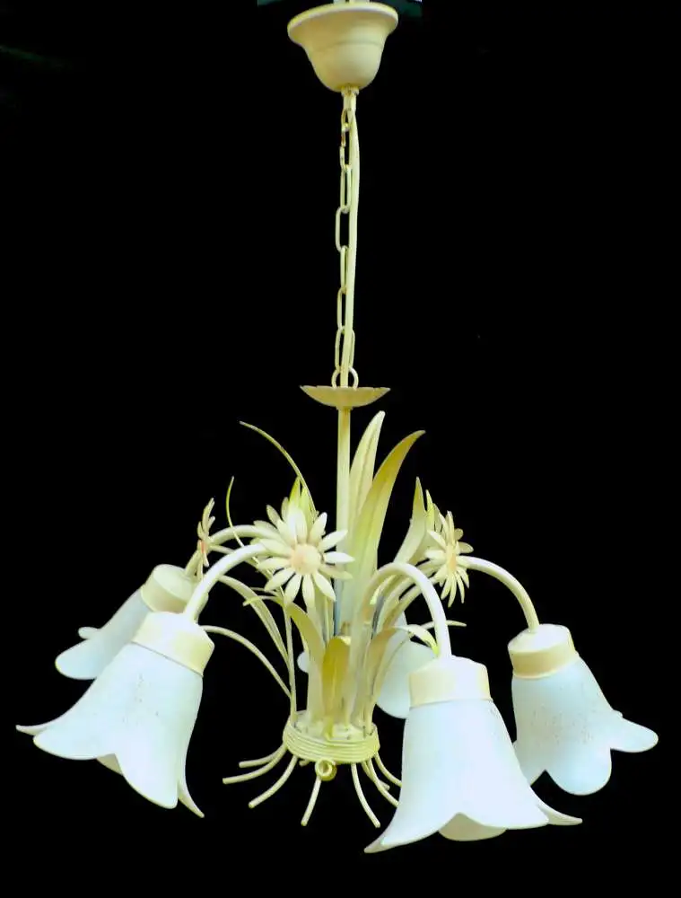 Metall Kronleuchter Florentiner Stil 5 Glasblüten Schirme Romantisches Design im Antik-Stil, ca. 60er 0