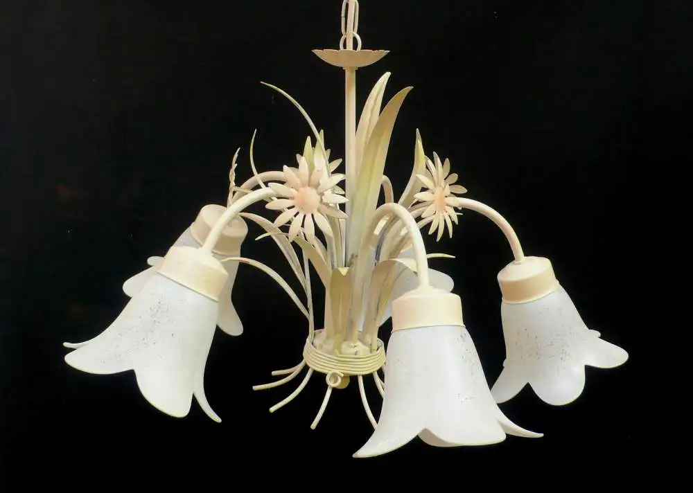 Metall Kronleuchter Florentiner Stil 5 Glasblüten Schirme Romantisches Design im Antik-Stil, ca. 60er 1