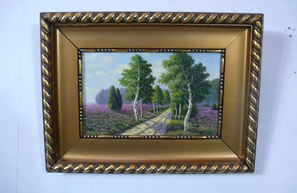 Ölgemälde Weg durch Heide + Birken in Gold Holzrahmen, signiert von Wilhelm Radermacher Nov 1927 0