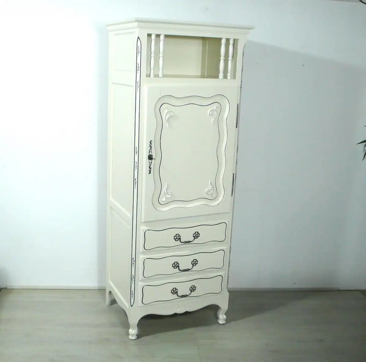 Geschirrschrank schmal Shabby Weiß, Gründerzeit um 1890, Türfach + 3 Schubladen 0