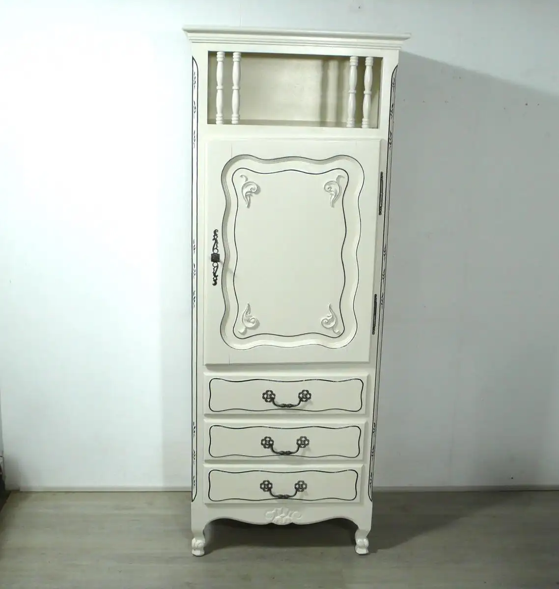 Geschirrschrank schmal Shabby Weiß, Gründerzeit um 1890, Türfach + 3 Schubladen 1