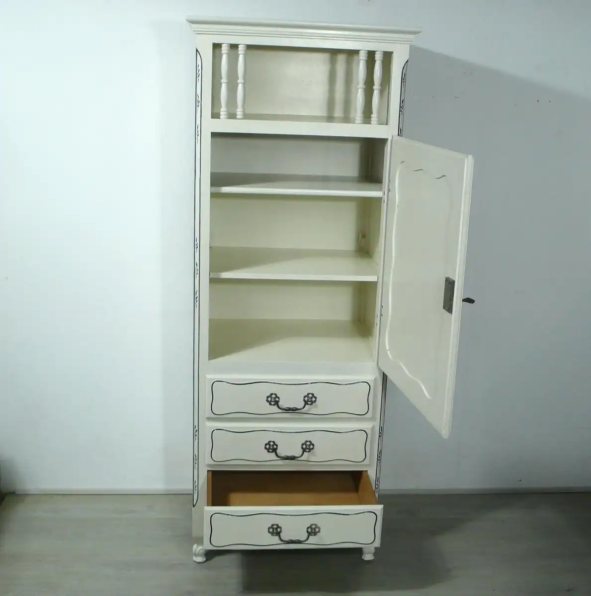 Geschirrschrank schmal Shabby Weiß, Gründerzeit um 1890, Türfach + 3 Schubladen 2