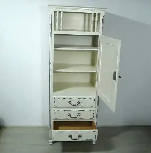 Geschirrschrank schmal Shabby Weiß, Gründerzeit um 1890, Türfach + 3 Schubladen
