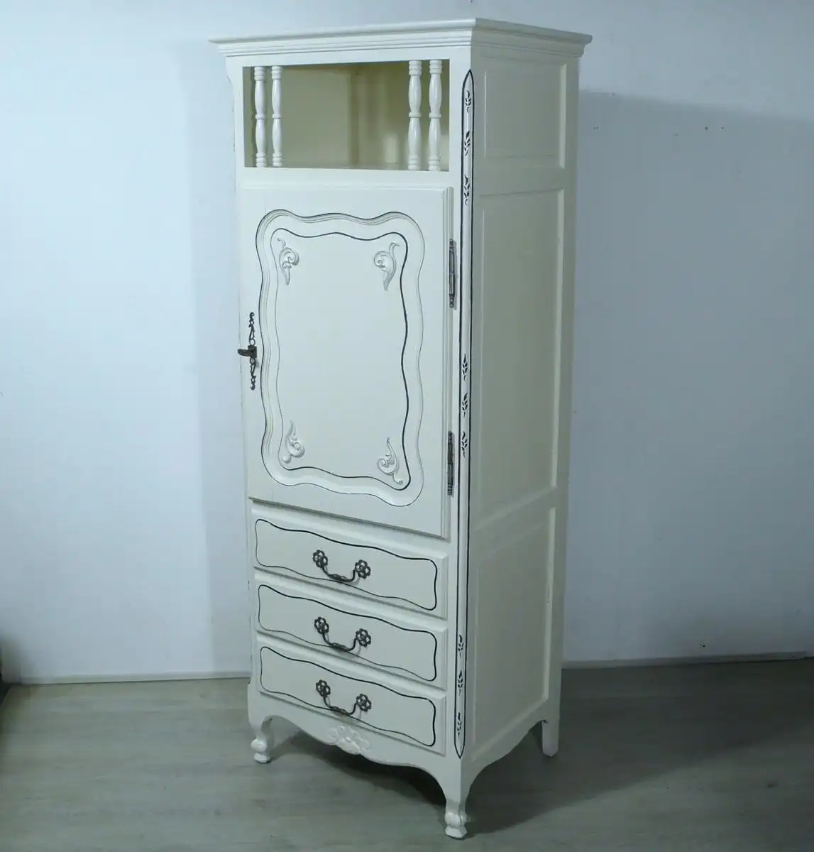 Geschirrschrank schmal Shabby Weiß, Gründerzeit um 1890, Türfach + 3 Schubladen 4