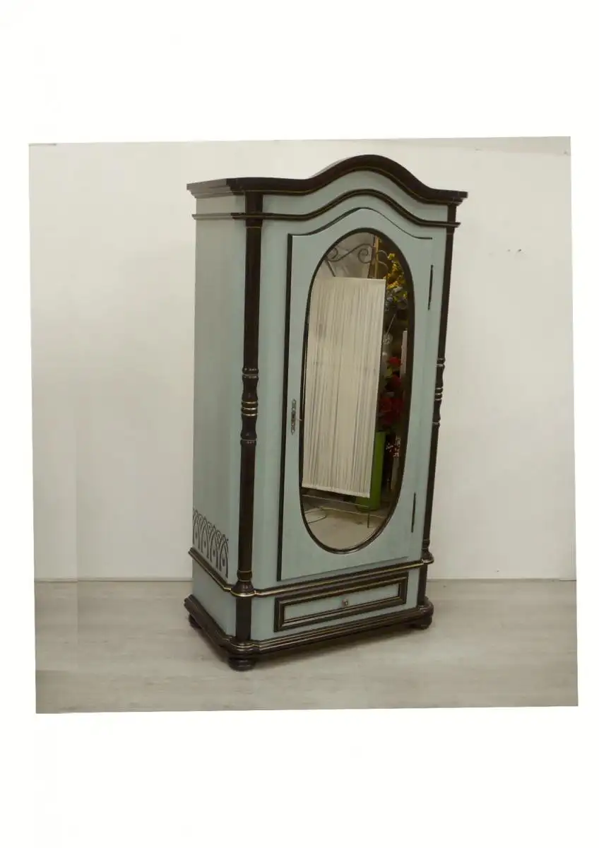 Alter Dielenschrank Antik Stil, Türe mit Ovalem Spiegel, 1 Schublade, Shabby Mint auf Nuß dunkel 0