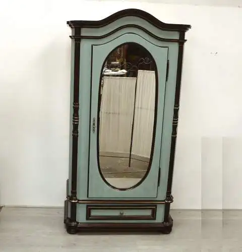 Alter Dielenschrank Antik Stil, Türe mit Ovalem Spiegel, 1 Schublade, Shabby Mint auf Nuß dunkel