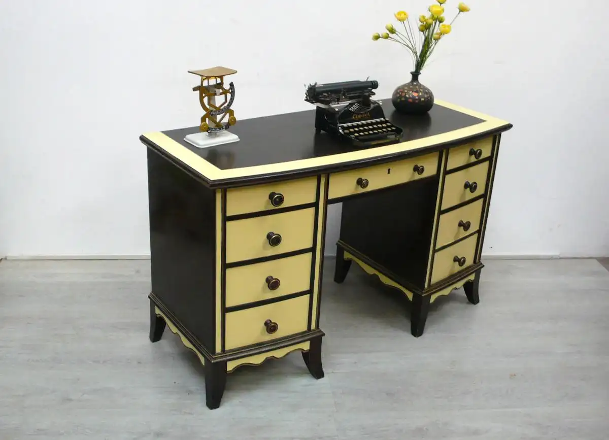 Alter Schreibtisch mit 8 Schubladen, Antik Kolonial Stil, dunkles Vollholz + Pastell Gelb 0