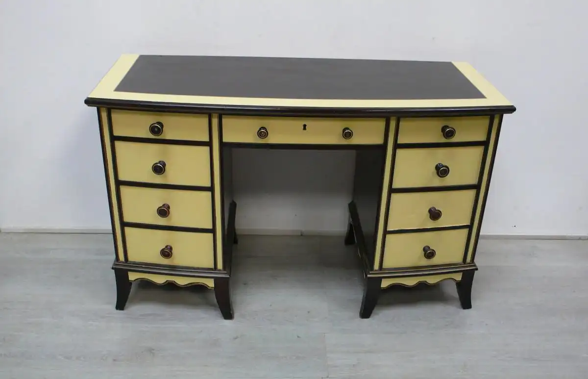 Alter Schreibtisch mit 8 Schubladen, Antik Kolonial Stil, dunkles Vollholz + Pastell Gelb 2