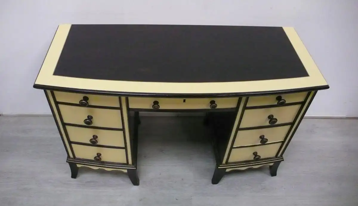 Alter Schreibtisch mit 8 Schubladen, Antik Kolonial Stil, dunkles Vollholz + Pastell Gelb 3