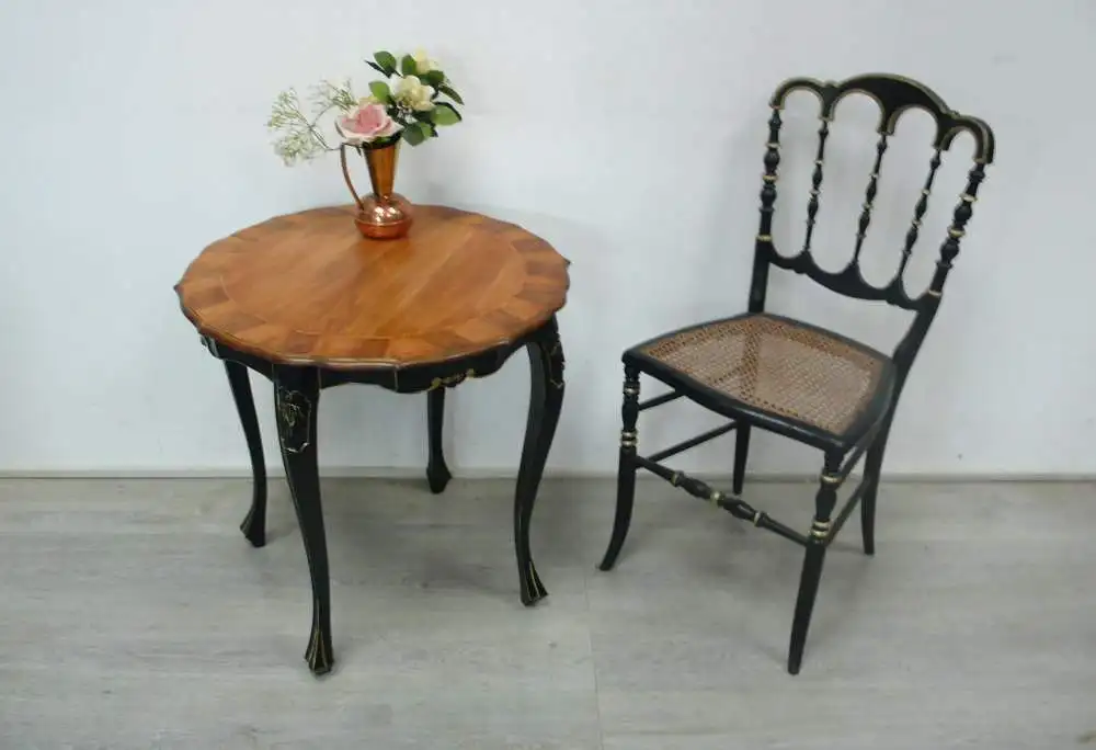 Alter Beistelltisch Holz Natur + Schwarz, rund Jugendstil,  Holzfurnier wunderschön ! 0