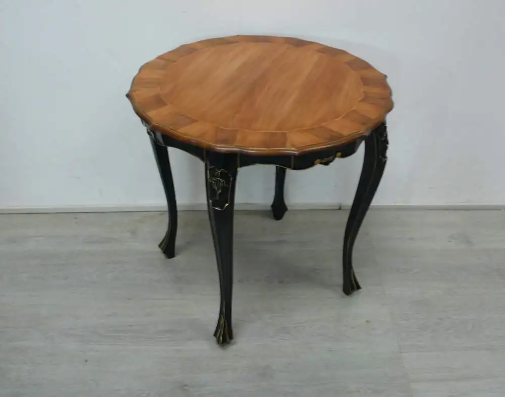 Alter Beistelltisch Holz Natur + Schwarz, rund Jugendstil,  Holzfurnier wunderschön ! 1