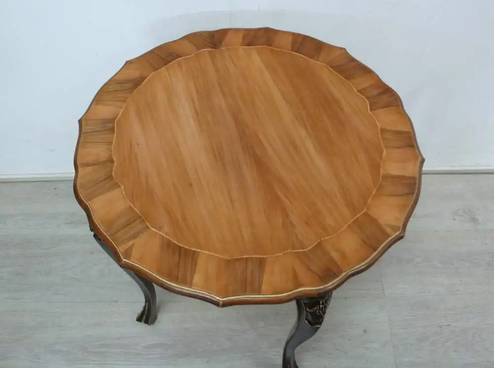 Alter Beistelltisch Holz Natur + Schwarz, rund Jugendstil,  Holzfurnier wunderschön ! 2