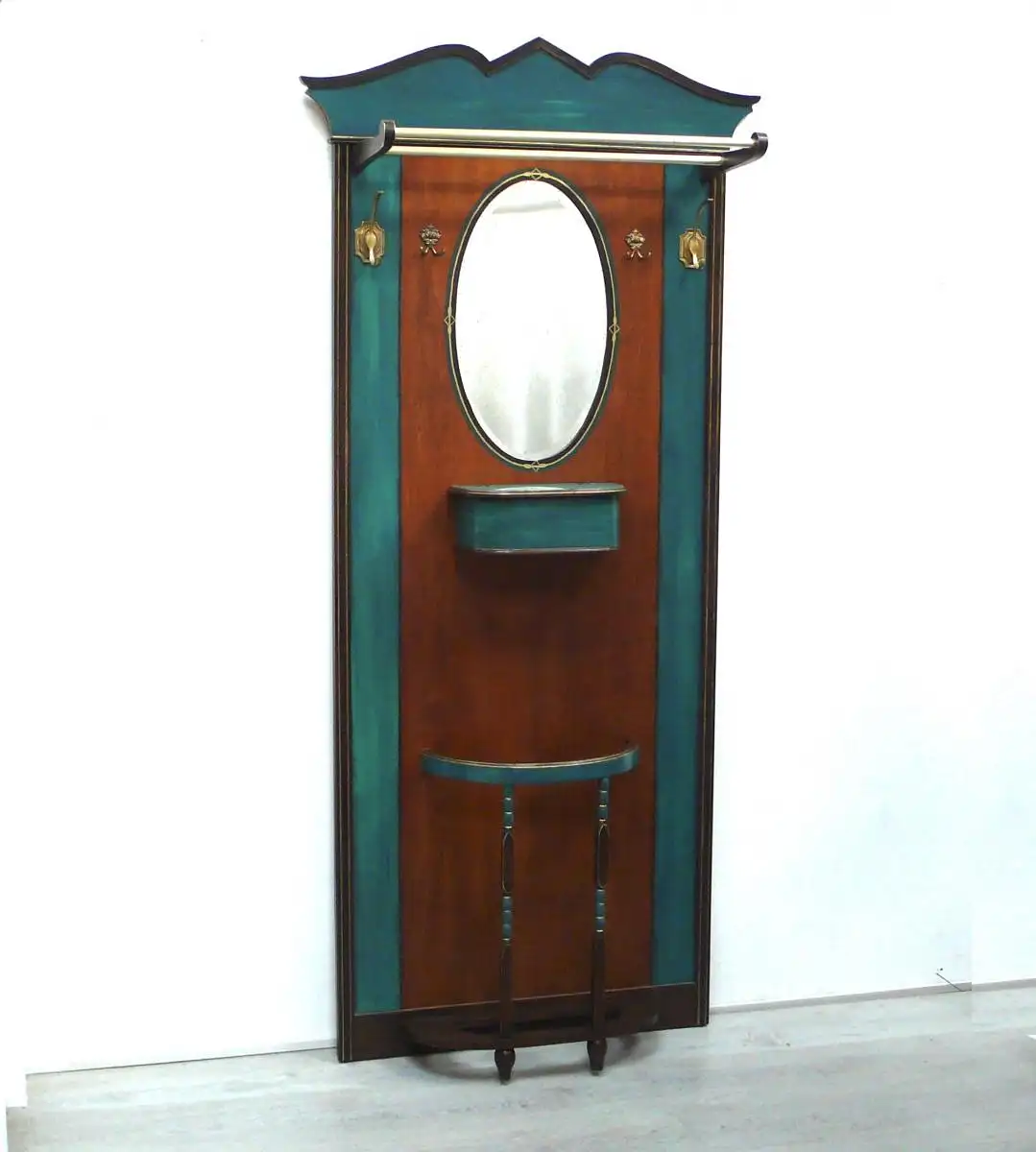 Jugendstil Garderobe Wand Stand-Garderobe 1910er, Eiche + Shabby Türkis