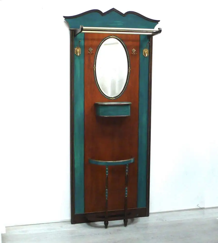 Jugendstil Garderobe Wand Stand-Garderobe 1910er, Eiche + Shabby Türkis 0