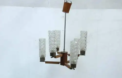 70er Teak Hängelampe 6-flammig auf 2 Stufen, mit Chrom, Mid Century Modern