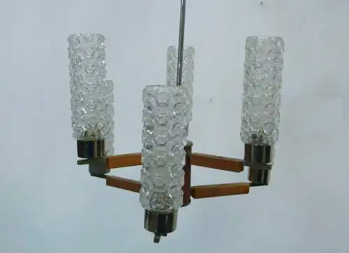 70er Teak Hängelampe 6-flammig auf 2 Stufen, mit Chrom, Mid Century Modern