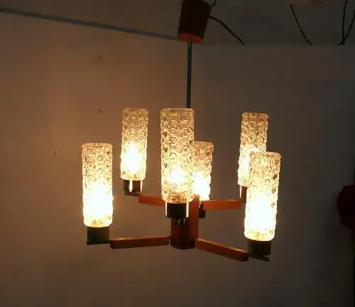 70er Teak Hängelampe 6-flammig auf 2 Stufen, mit Chrom, Mid Century Modern