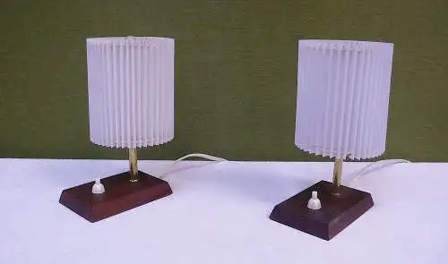 2 x 60er Nachttischlampen Teak + Plissee Schirm weiß Mid Century Modern