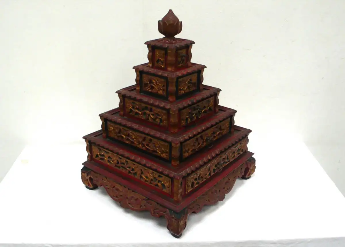 Asiatische Pyramiden Holz Schatulle, Stufen Pyramiden Box mit 5 Schubladen, Schmuckkasten Gold Rot Schwarz 0