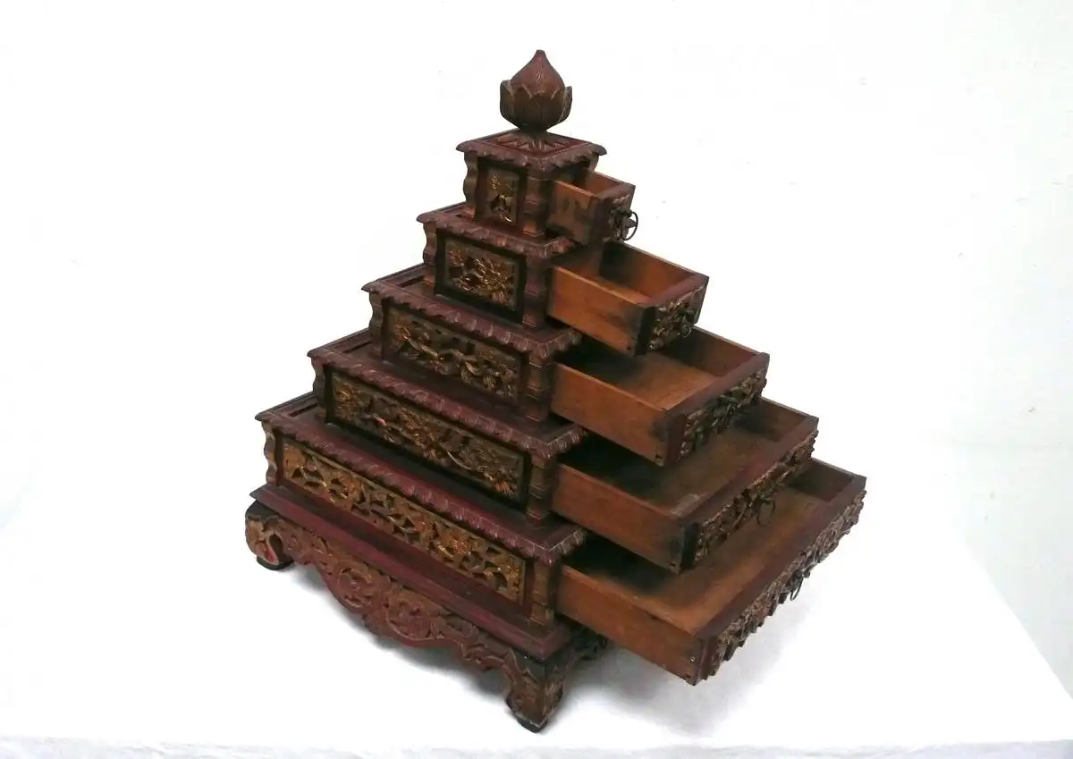 Asiatische Pyramiden Holz Schatulle, Stufen Pyramiden Box mit 5 Schubladen, Schmuckkasten Gold Rot Schwarz 2