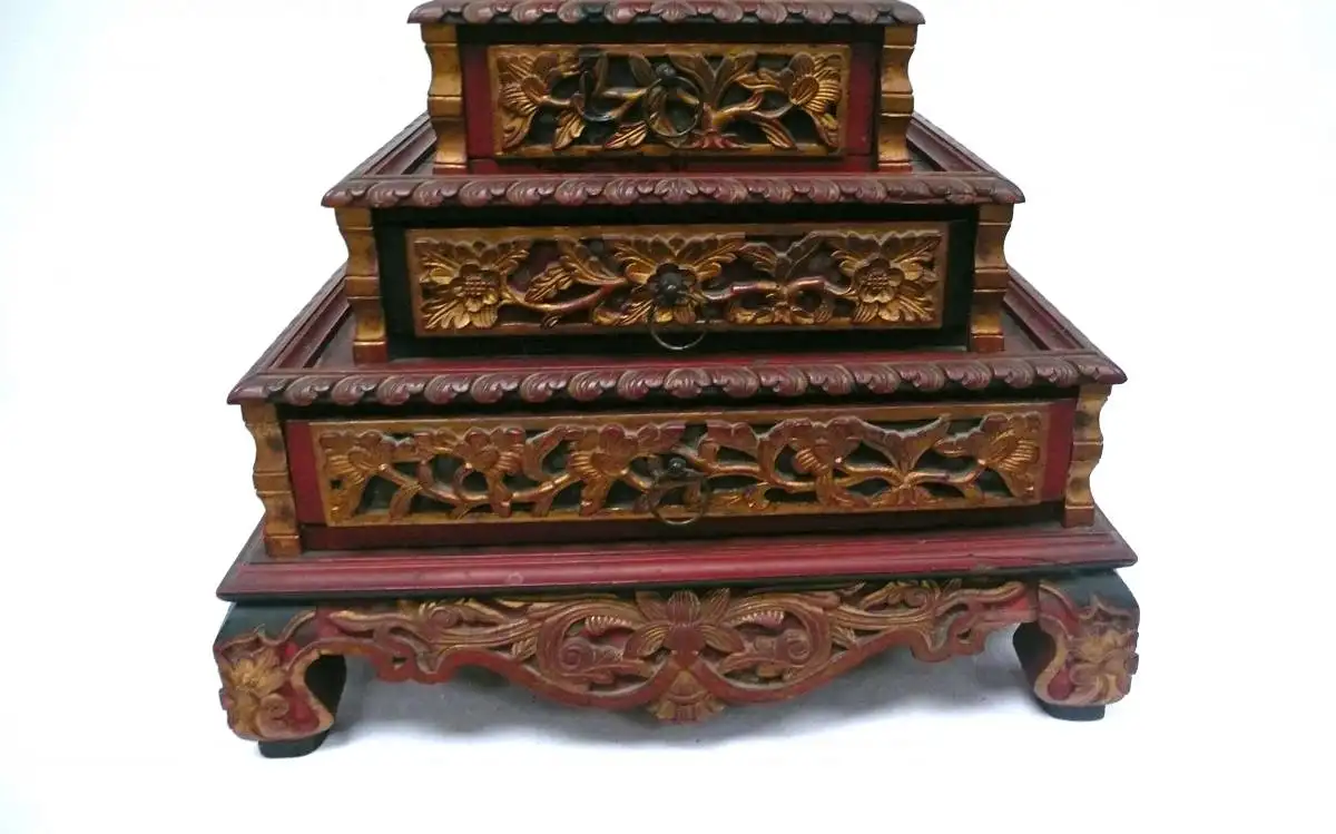 Asiatische Pyramiden Holz Schatulle, Stufen Pyramiden Box mit 5 Schubladen, Schmuckkasten Gold Rot Schwarz 3