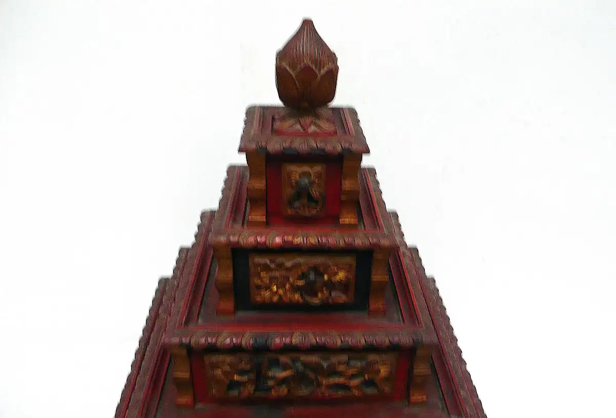 Asiatische Pyramiden Holz Schatulle, Stufen Pyramiden Box mit 5 Schubladen, Schmuckkasten Gold Rot Schwarz 4