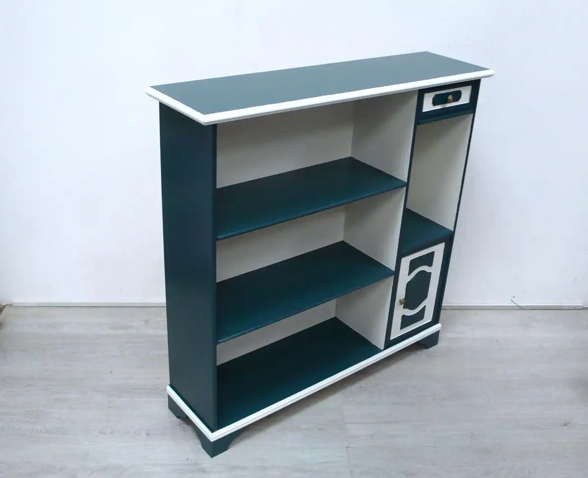 Bücherregal freistehend 3 Ebenen + Türfach + Schublade in Dunkelgrün + Weiß, Antik Stil 1
