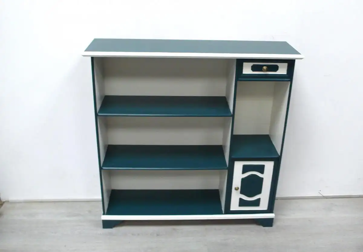 Bücherregal freistehend 3 Ebenen + Türfach + Schublade in Dunkelgrün + Weiß, Antik Stil 2