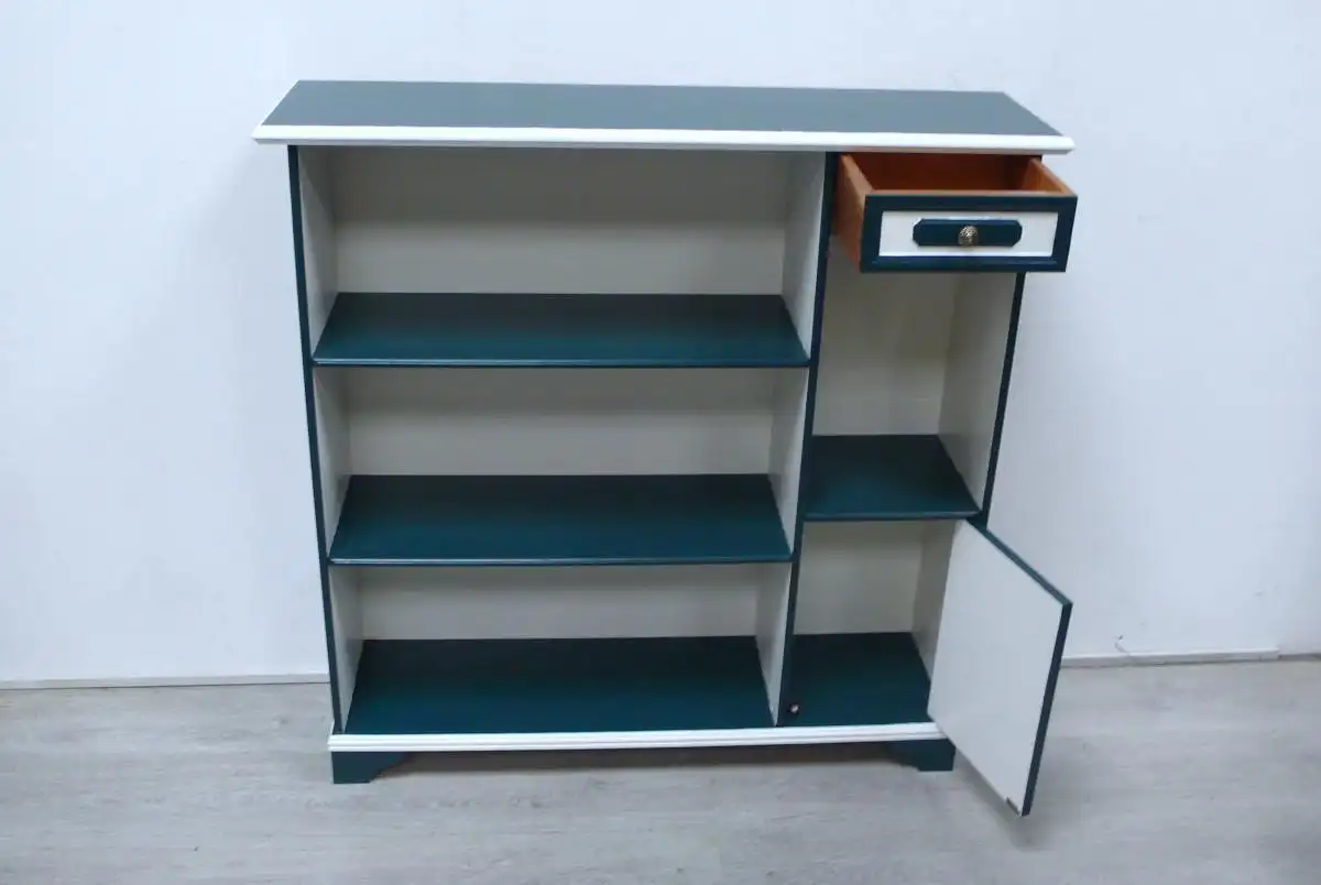 Bücherregal freistehend 3 Ebenen + Türfach + Schublade in Dunkelgrün + Weiß, Antik Stil 3