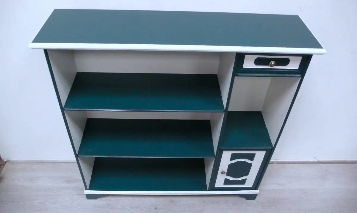 Bücherregal freistehend 3 Ebenen + Türfach + Schublade in Dunkelgrün + Weiß, Antik Stil 4