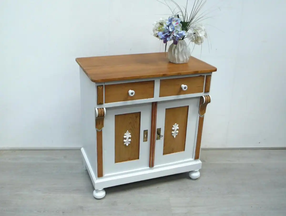 Küchenanrichte Anrichte Sideboard Waschtisch, Weichholz + Weiß, um 1900 Gründerzeit, 2-türig 2 Schubladen, Landhausstil 0
