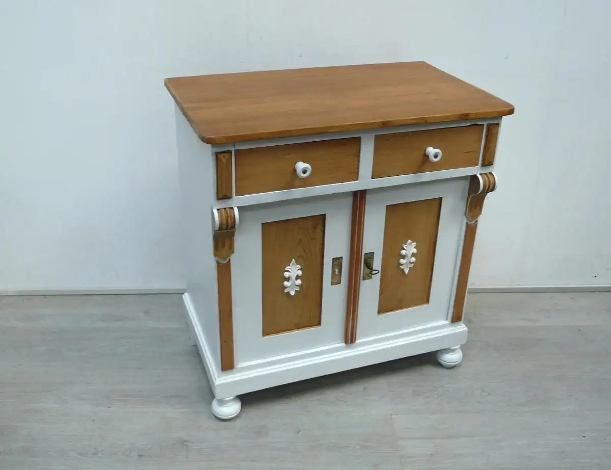 Küchenanrichte Anrichte Sideboard Waschtisch, Weichholz + Weiß, um 1900 Gründerzeit, 2-türig 2 Schubladen, Landhausstil 1