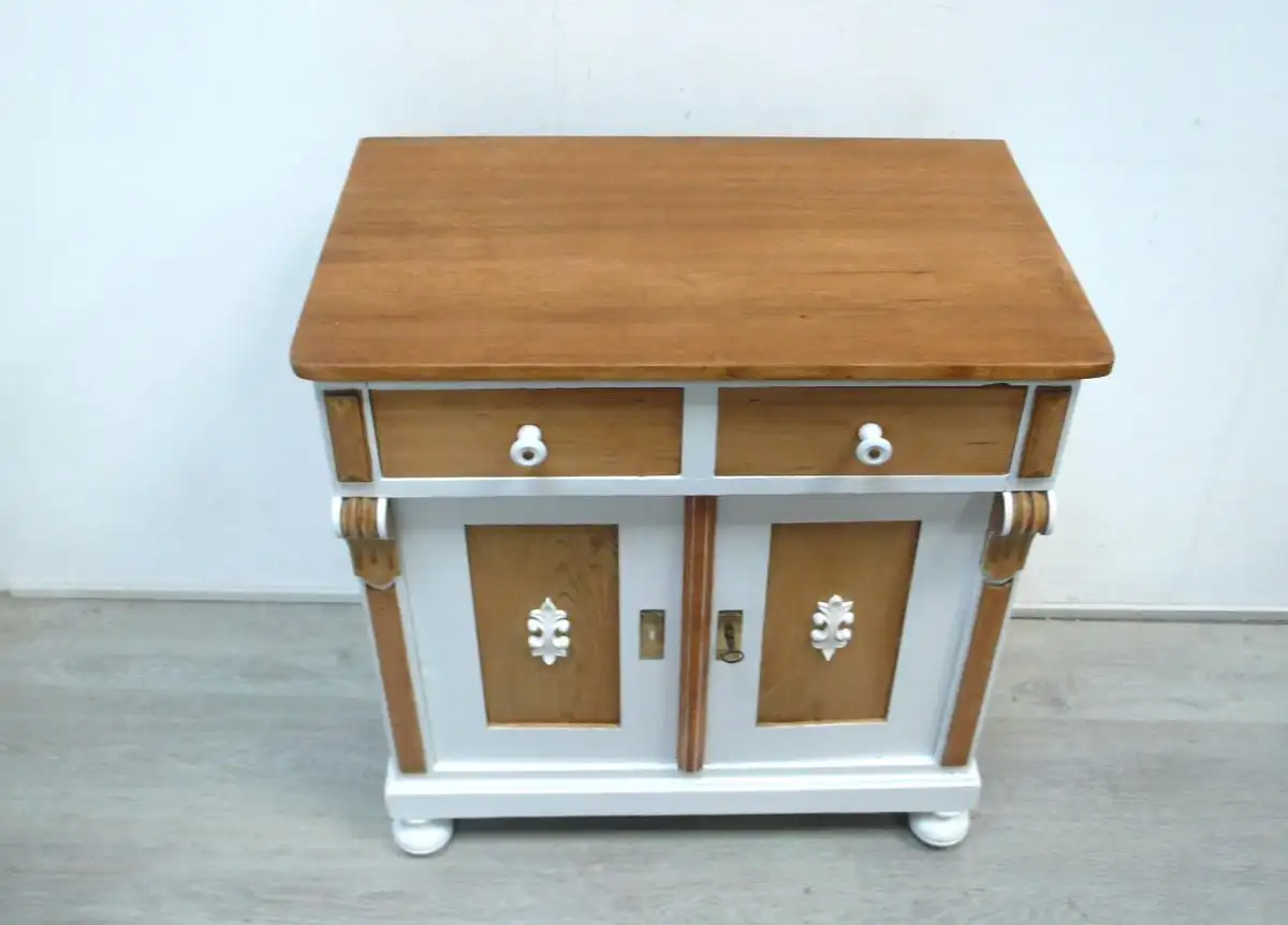 Küchenanrichte Anrichte Sideboard Waschtisch, Weichholz + Weiß, um 1900 Gründerzeit, 2-türig 2 Schubladen, Landhausstil 2
