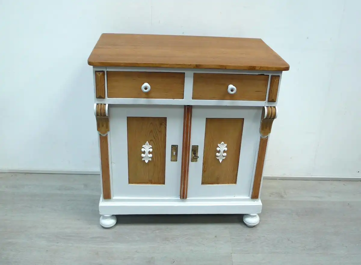 Küchenanrichte Anrichte Sideboard Waschtisch, Weichholz + Weiß, um 1900 Gründerzeit, 2-türig 2 Schubladen, Landhausstil 3