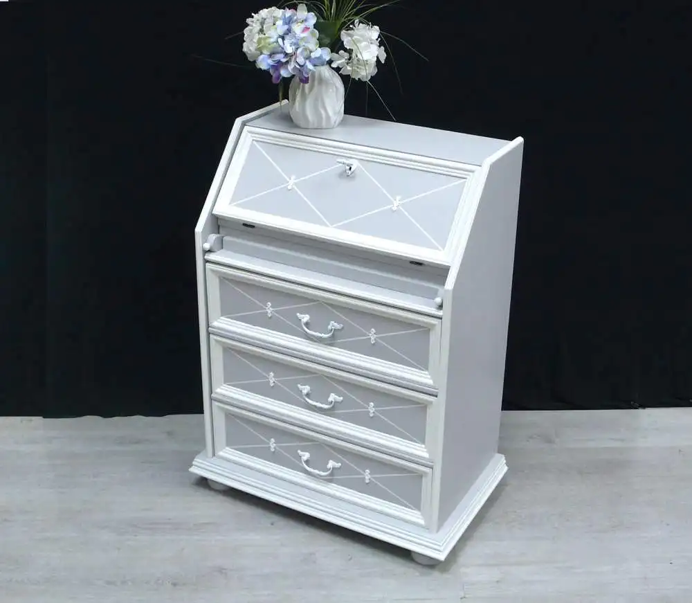 Kleiner Sekretär, Antik Stil, handbemalt in Shabby Hellgrau-Weiß 0
