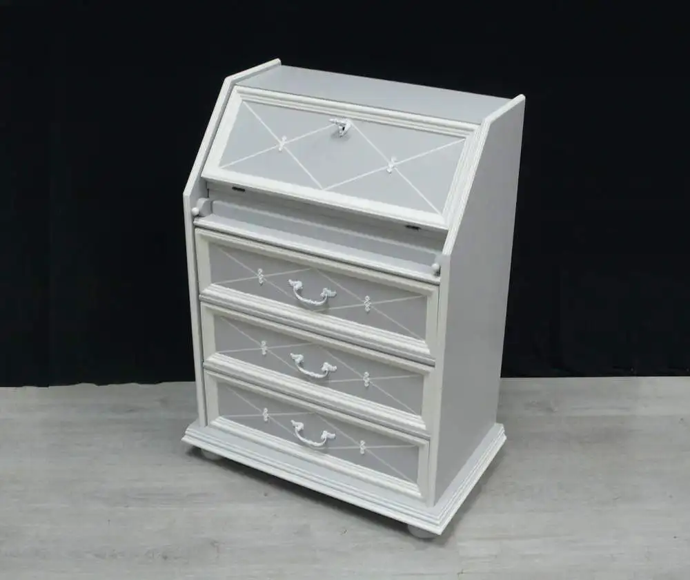 Kleiner Sekretär, Antik Stil, handbemalt in Shabby Hellgrau-Weiß 1