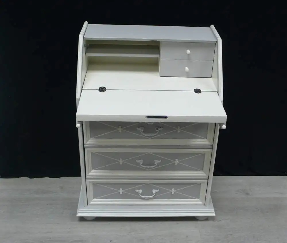 Kleiner Sekretär, Antik Stil, handbemalt in Shabby Hellgrau-Weiß 3