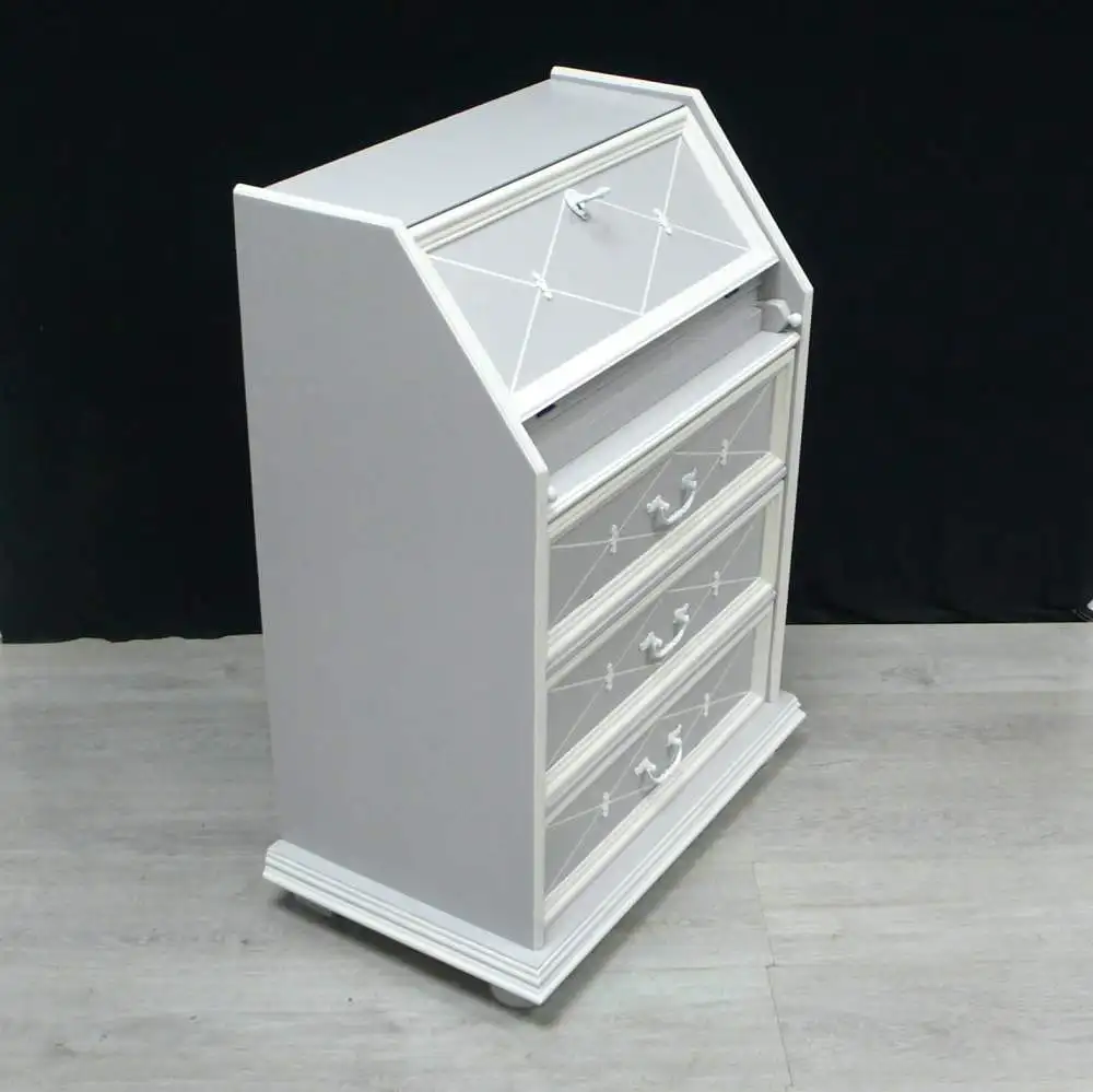 Kleiner Sekretär, Antik Stil, handbemalt in Shabby Hellgrau-Weiß 8