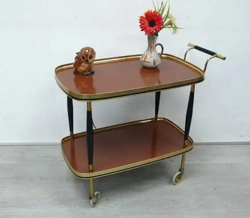 Mid Century Servierwagen, Teewagen, Nußbaum-Stil Resopal Oberflächen, Messingrahmung, 50er 60er