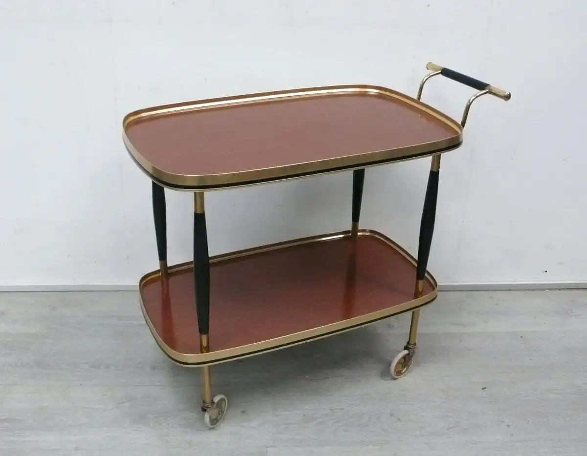 Mid Century Servierwagen, Teewagen, Nußbaum-Stil Resopal Oberflächen, Messingrahmung, 50er 60er 1