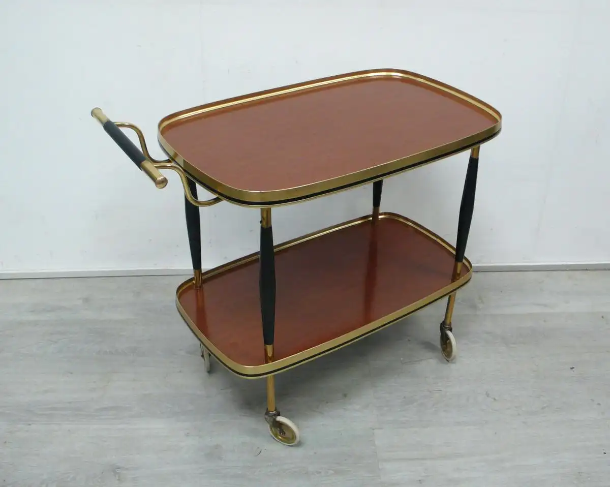Mid Century Servierwagen, Teewagen, Nußbaum-Stil Resopal Oberflächen, Messingrahmung, 50er 60er 2
